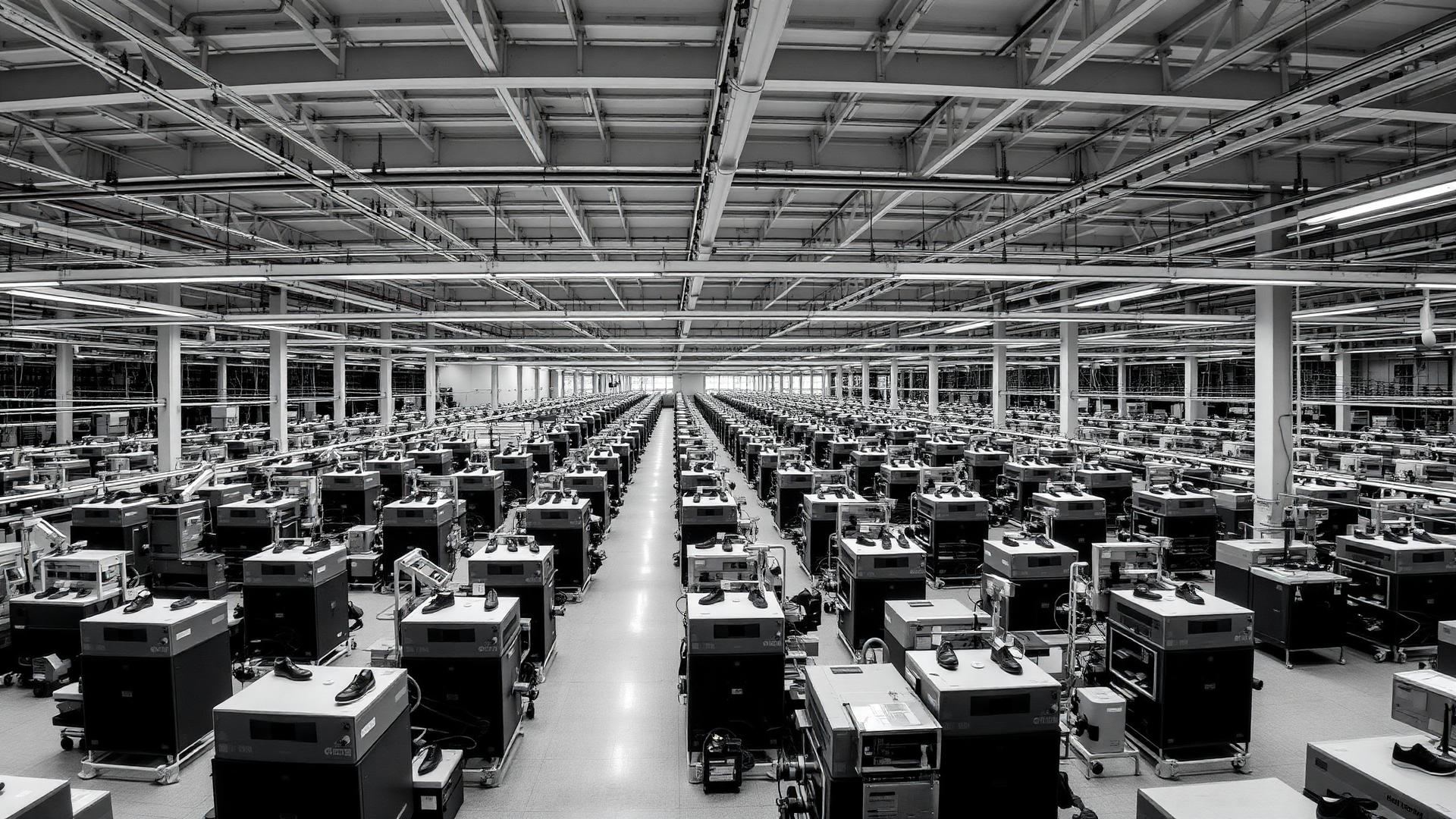 Aerial view of an industrial footwear manufacturing floor