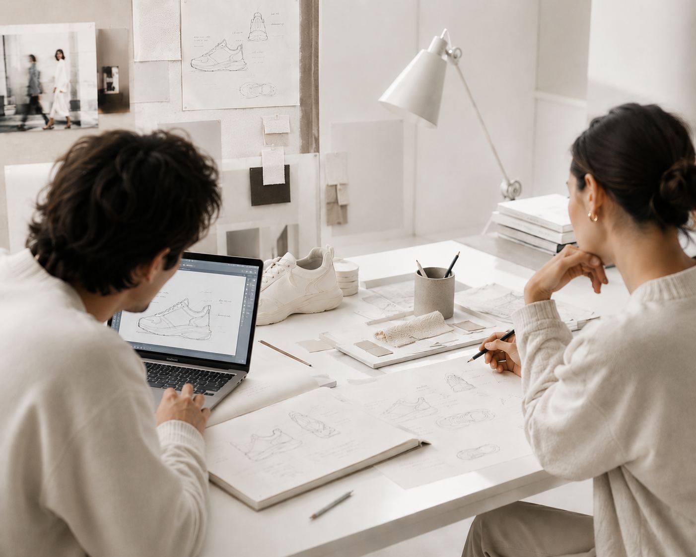 Designers sketching footwear concepts at a studio workbench