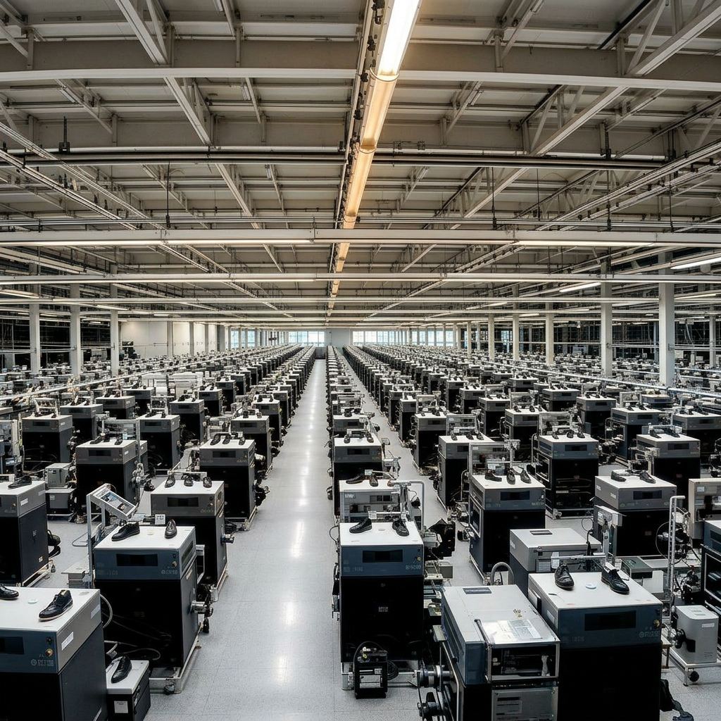 Color view of an industrial footwear manufacturing floor